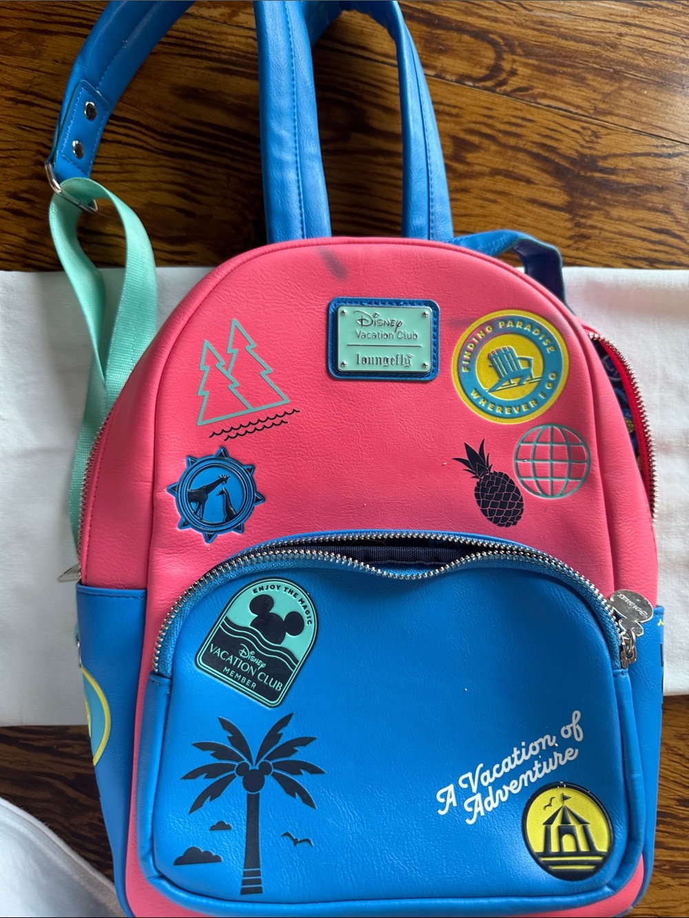 DVC exclusive loungefly Colorblock Pink & Blue Mini Backpack with Vacation Patch